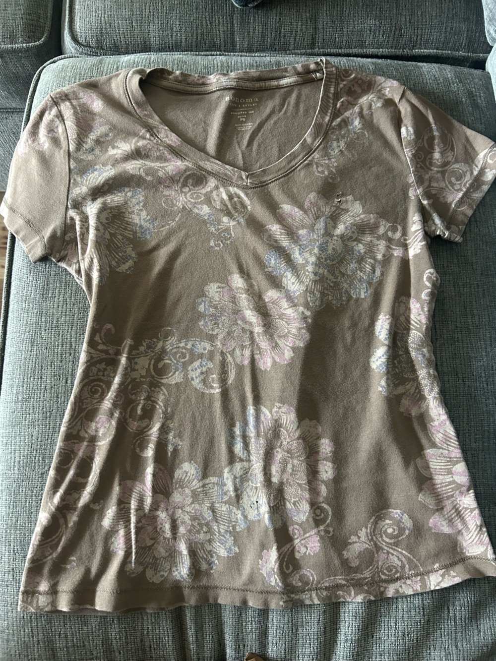 Vintage Taupe Floral V-Neck Tee with Pink and Light Blue Accents